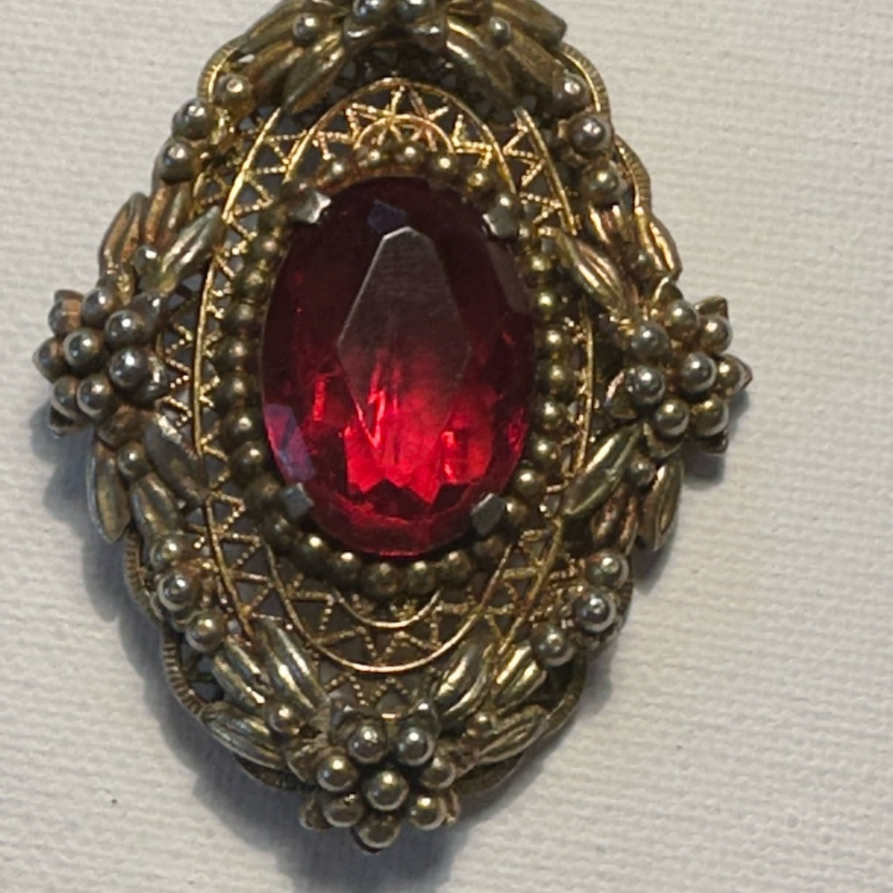 Vintage Gold Brooch with Red Gem
